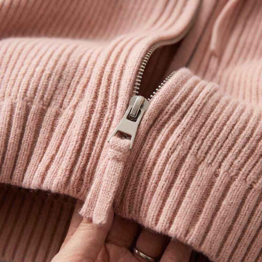 Soft pink ribbed cotton sweater coat featuring a silver double-zip front and textured knit detail.