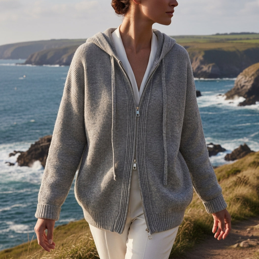 Grey ribbed cotton hooded sweater coat with a double-zip front, worn over white trousers by the coast.
