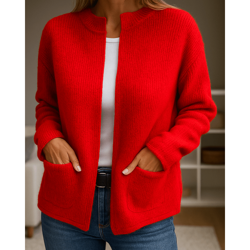Bright red ribbed knit cardigan with an open-front, collarless neckline and two deep patch pockets.
