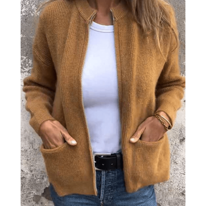 Camel ribbed knit cardigan with a relaxed open-front, collarless neckline, and deep patch pockets.