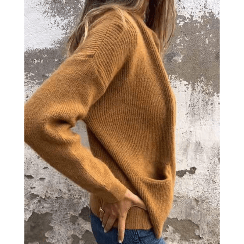 Camel ribbed knit open-front cardigan with a relaxed fit, collarless neckline, and deep patch pockets.