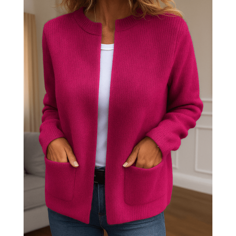 Magenta ribbed knit cardigan with an open-front, collarless neckline and two front patch pockets.