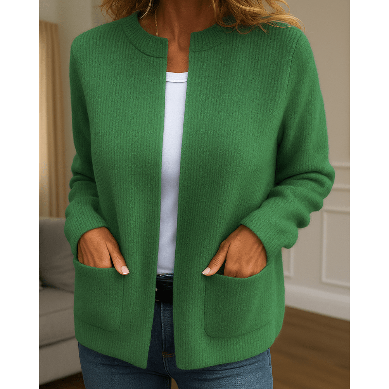 Green ribbed knit cardigan with an open-front, collarless neckline and two patch pockets.