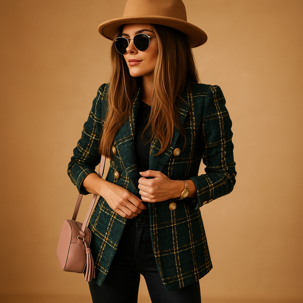 Structured green plaid tweed blazer with gold double-breasted buttons, worn with a tan fedora and crossbody bag.
