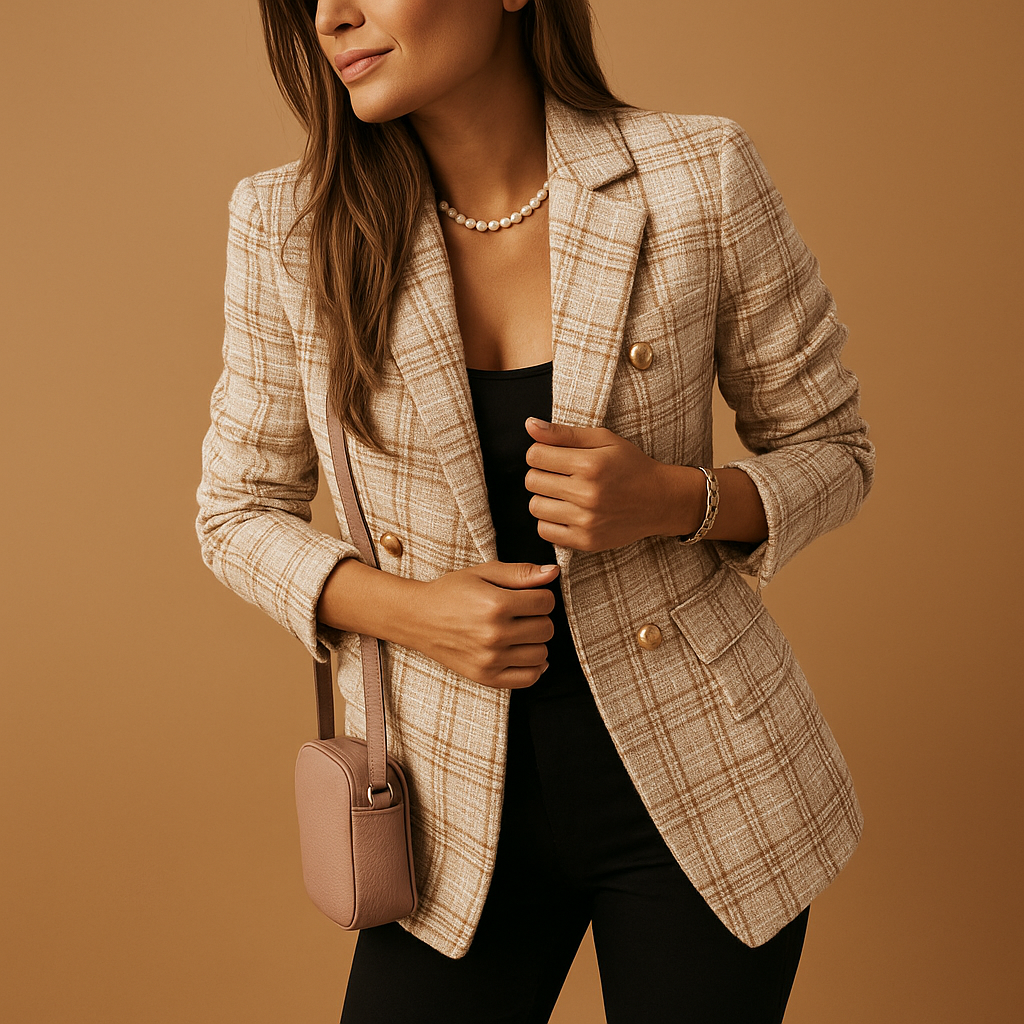 Tailored beige plaid tweed blazer with gold double-breasted buttons and a structured, fitted silhouette.
