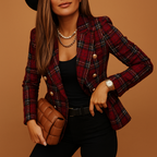 Structured red plaid tweed blazer with gold-tone double-breasted buttons and a tailored, fitted silhouette.