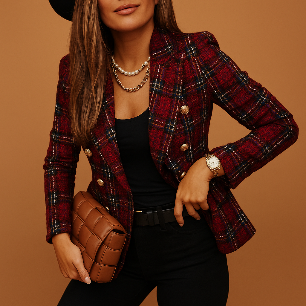 Structured red plaid tweed blazer with gold-tone double-breasted buttons and a tailored, fitted silhouette.