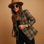 Structured tweed plaid blazer in brown and black with gold double-breasted buttons and a tailored, fitted silhouette.