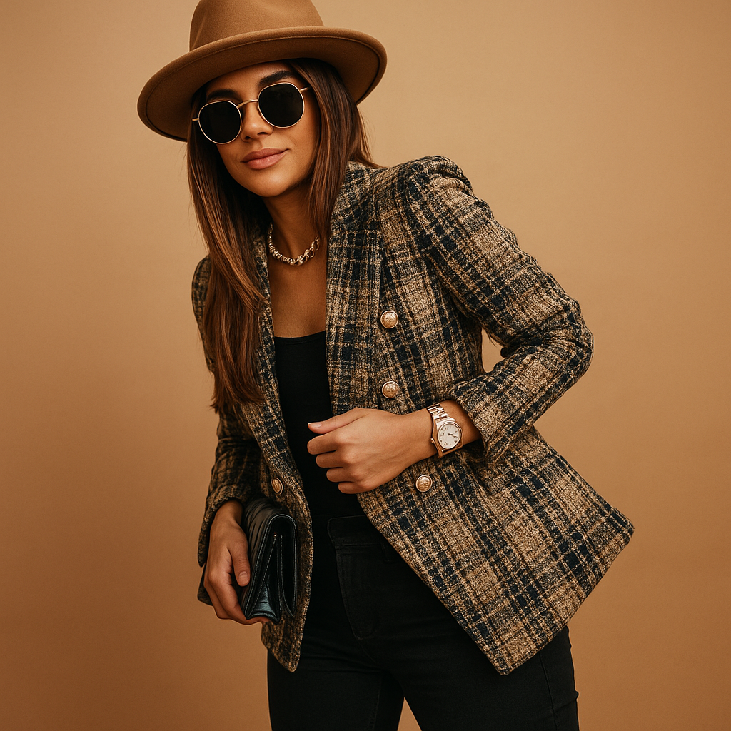 Structured tweed plaid blazer in brown and black with gold double-breasted buttons and a tailored, fitted silhouette.