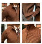Brown ribbed cotton-blend zip-up cardigan featuring a structured stand collar and slim-fit silhouette.