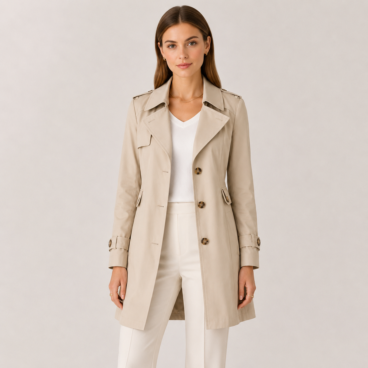 Beige Slim-Fit Lightweight Trench Coat worn by a female model, featuring a classic collar, double-breasted button front, long sleeves, and tailored fit.