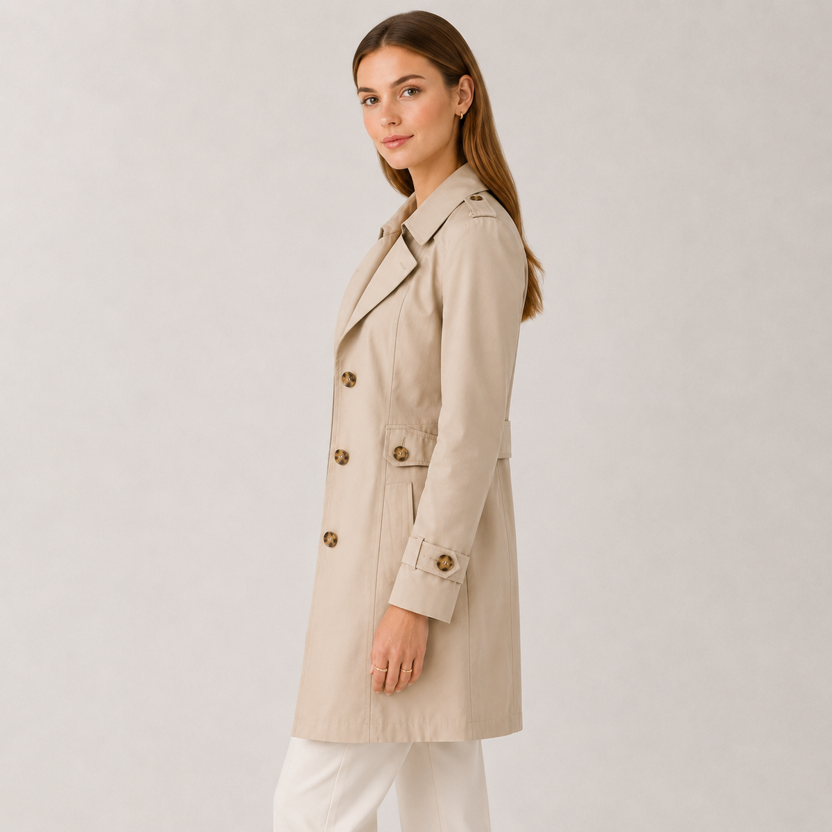 Beige Slim-Fit Lightweight Trench Coat shown from a three-quarter view, highlighting the classic collar, button front, tailored silhouette, and long sleeves.