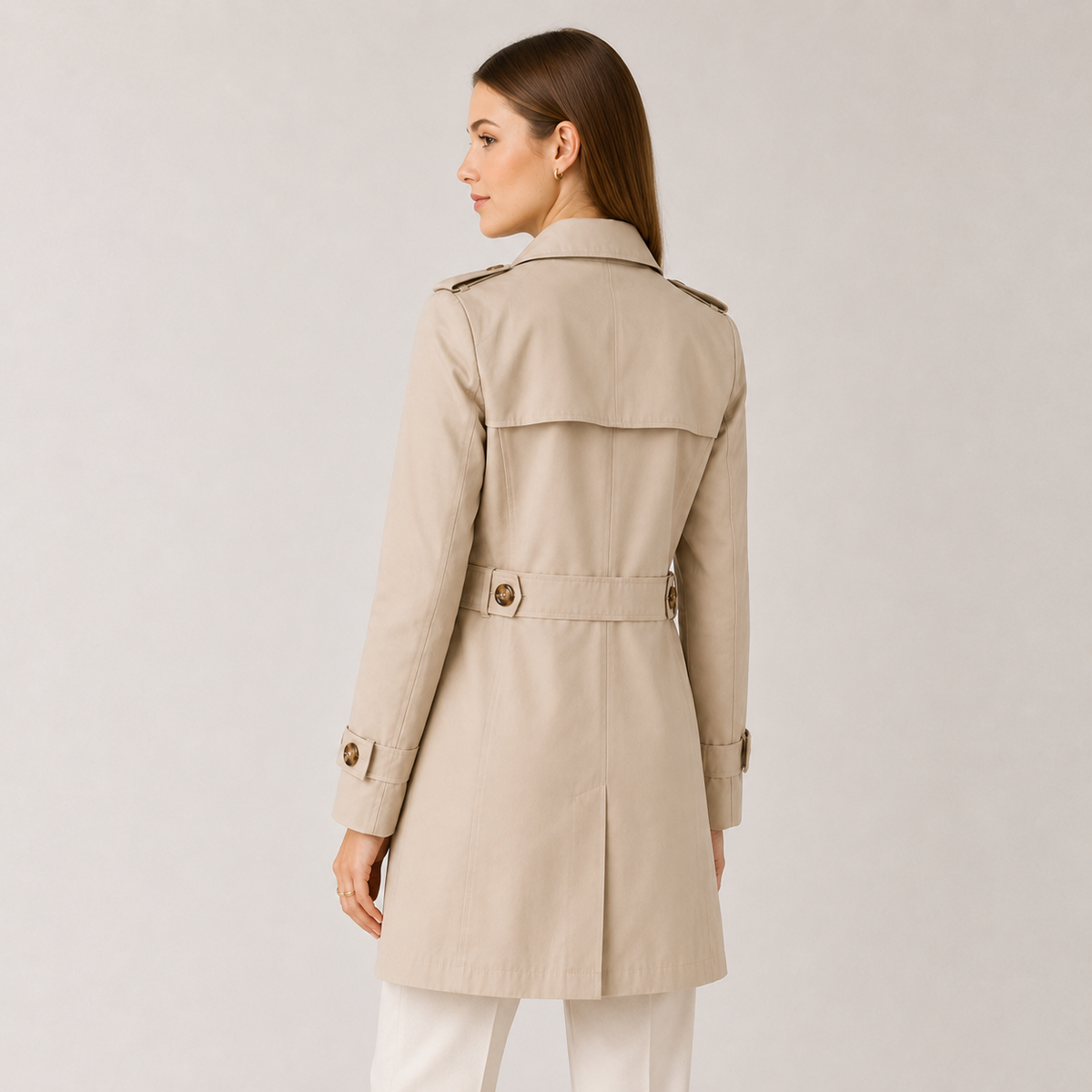 Back view of the beige Slim-Fit Lightweight Trench Coat, highlighting the tailored silhouette, back panel, collar, and long sleeves.