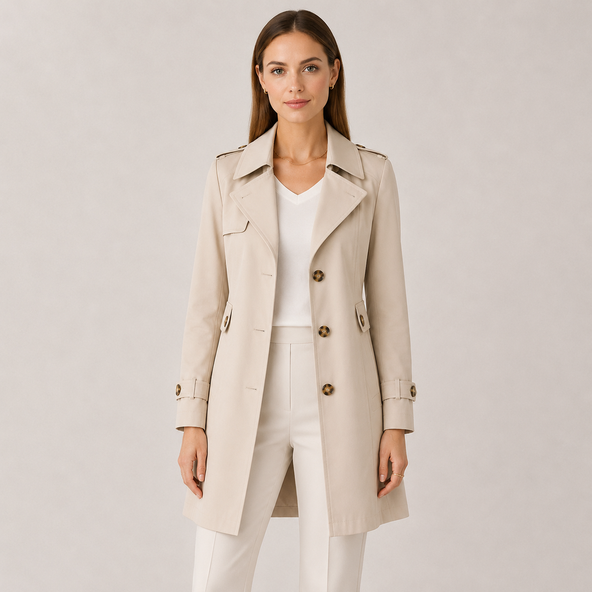 Beige Slim-Fit Lightweight Trench Coat worn by a female model, featuring the classic collar, double-breasted button front, and tailored silhouette.