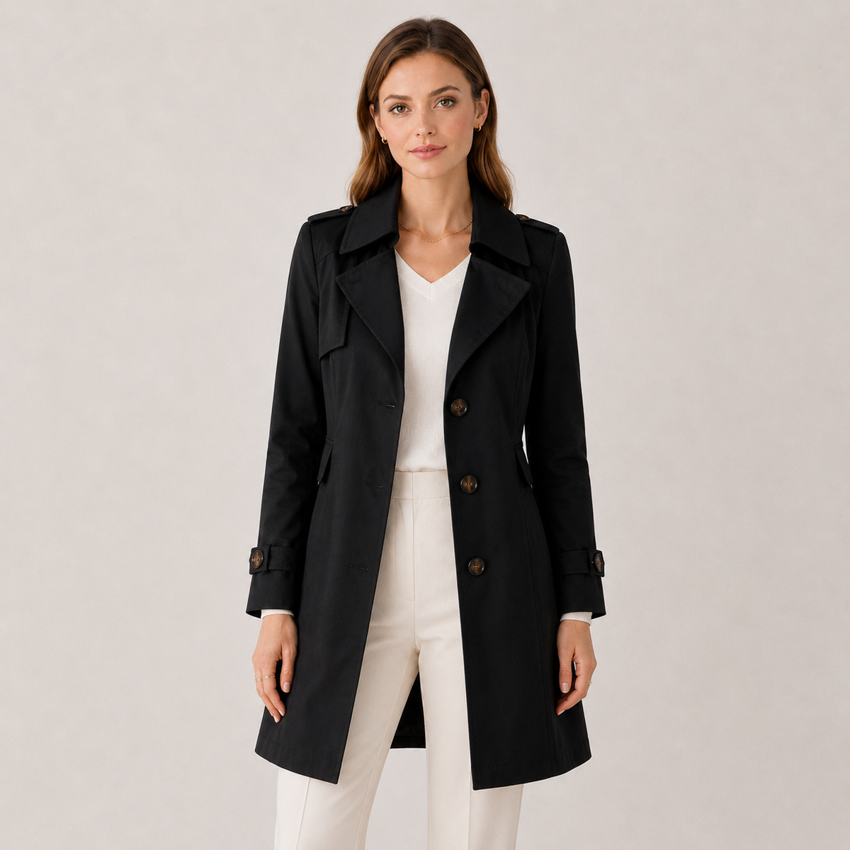 Black Slim-Fit Lightweight Trench Coat worn by a female model, featuring a classic collar, double-breasted button front, long sleeves, and tailored silhouette.