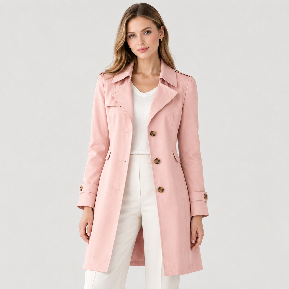 Pink Slim-Fit Lightweight Trench Coat worn by a female model, featuring a classic collar, double-breasted button front, long sleeves, and tailored silhouette.