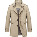 Light beige Slim-Fit Single-Breasted Trench Coat shown from the front, featuring notch lapels, epaulets, button front, zip chest pocket, and cuff straps.