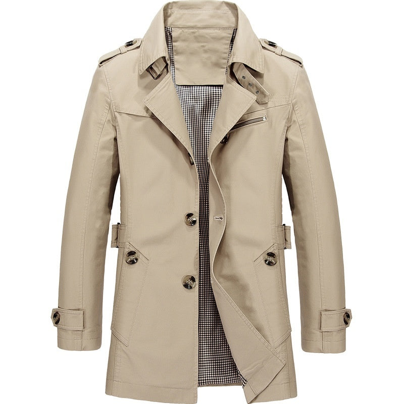 Light beige Slim-Fit Single-Breasted Trench Coat shown from the front, featuring notch lapels, epaulets, button front, zip chest pocket, and cuff straps.