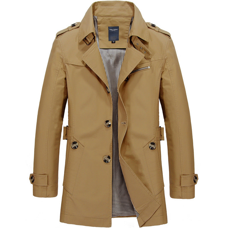 Camel Slim-Fit Single-Breasted Trench Coat shown from the front, featuring notch lapels, epaulets, button front, zip chest pocket, and adjustable cuff straps.