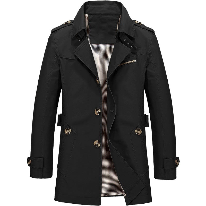 Black Slim-Fit Single-Breasted Trench Coat shown from the front, featuring notch lapels, epaulets, button front, zip chest pocket, and adjustable cuff straps.