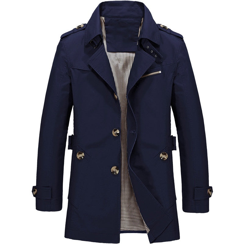 Navy Slim-Fit Single-Breasted Trench Coat shown from the front, featuring notch lapels, epaulets, button front, zip chest pocket, and adjustable cuff straps.