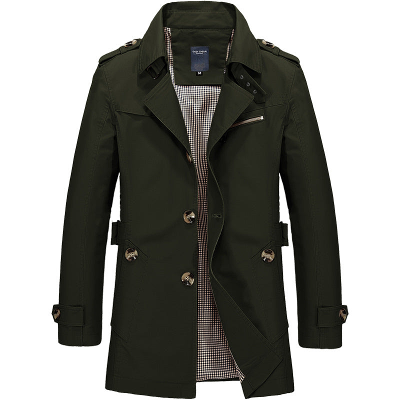 Dark green Slim-Fit Single-Breasted Trench Coat shown from the front, featuring notch lapels, epaulets, button front, zip chest pocket, and adjustable cuff straps.
