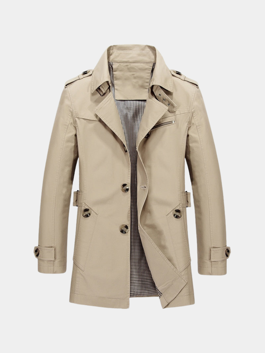 Beige Slim-Fit Single-Breasted Trench Coat featuring notch lapels, epaulets, button front, zip chest pocket, and adjustable cuff straps.