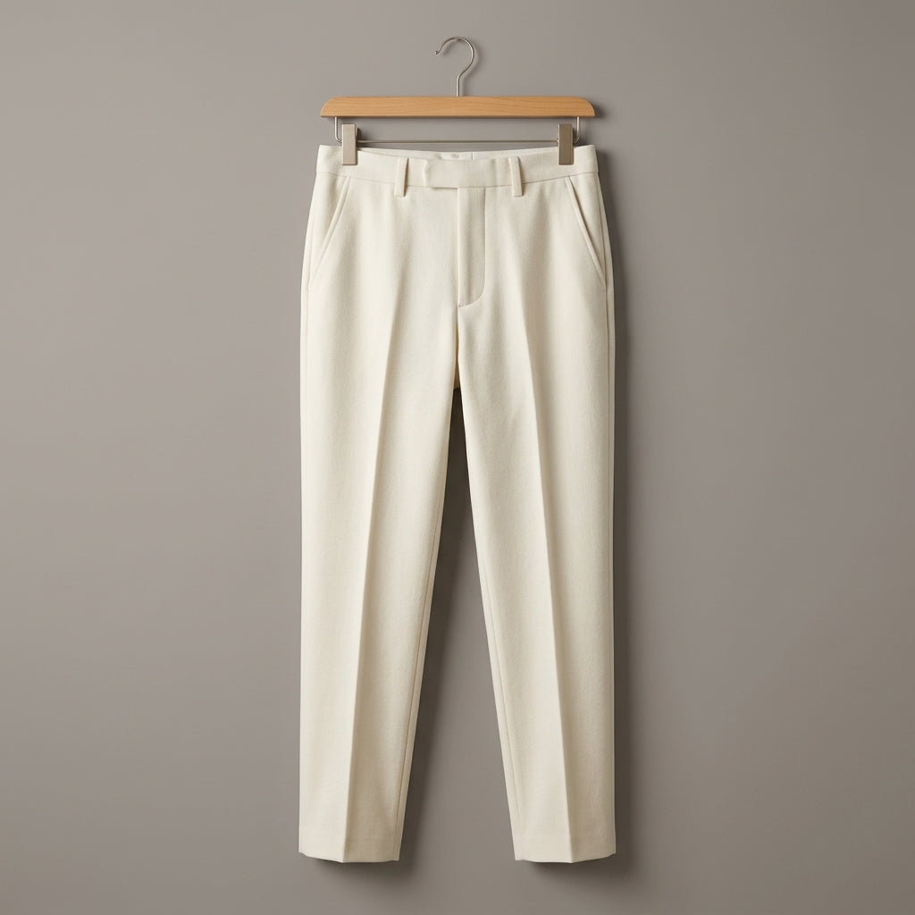 White wool-blend trousers featuring a slim-fit silhouette, subtle front pleats, and a clean tailored finish on a hanger.