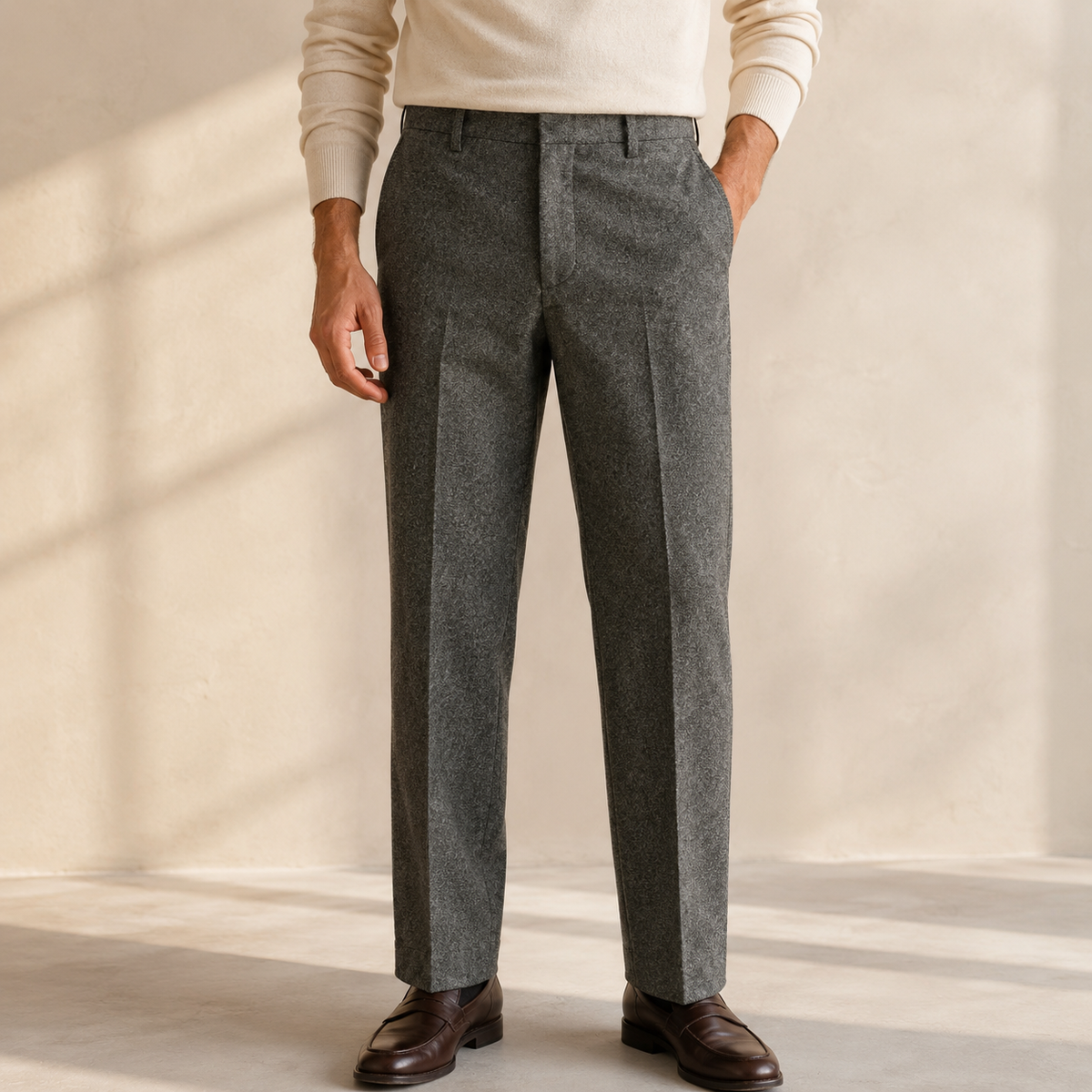 Slim-fit gray wool-blend trousers featuring subtle pleats and a structured, tailored silhouette worn with a knit sweater.