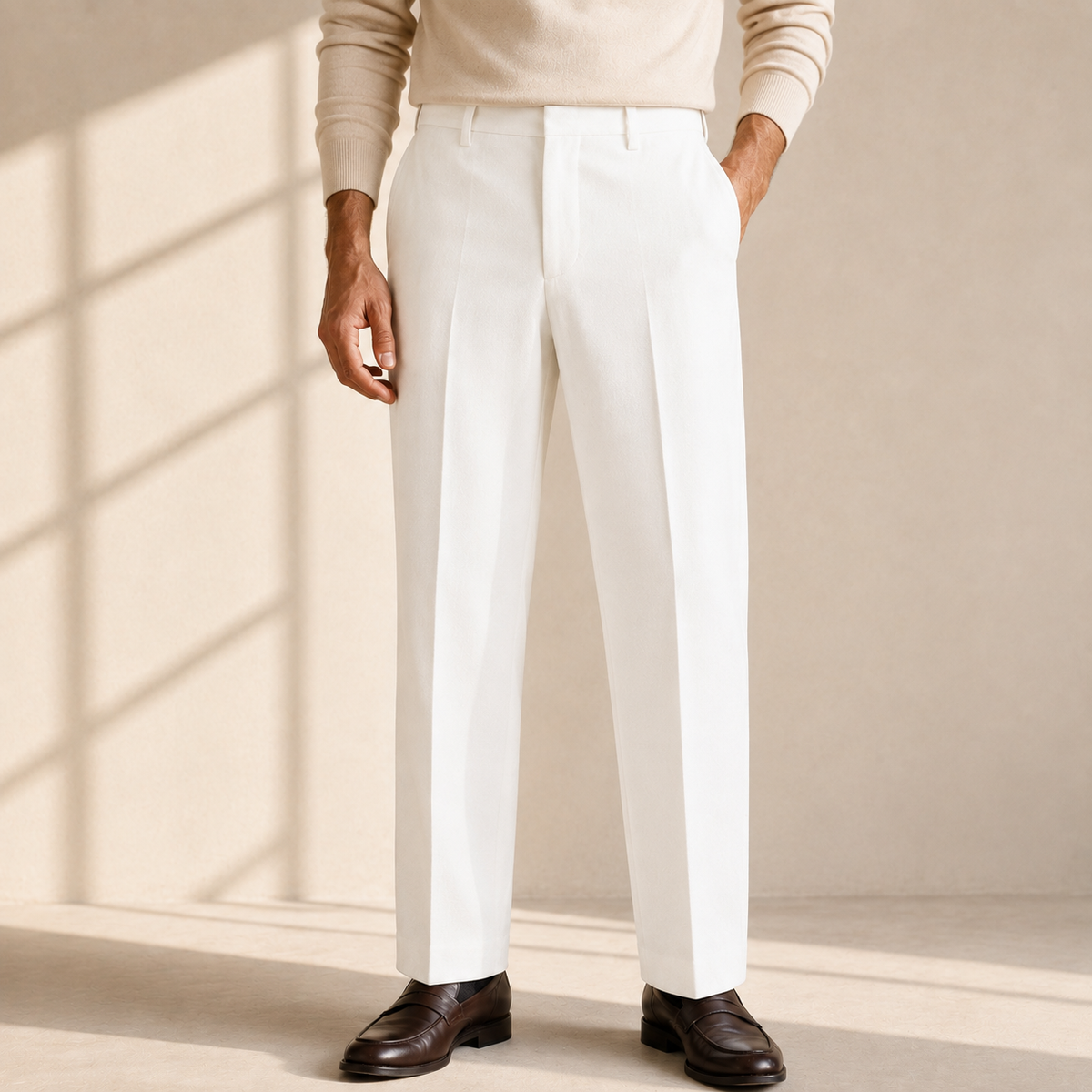 Slim-fit white wool-blend trousers featuring a tailored silhouette, subtle pleats, and a clean, structured drape.