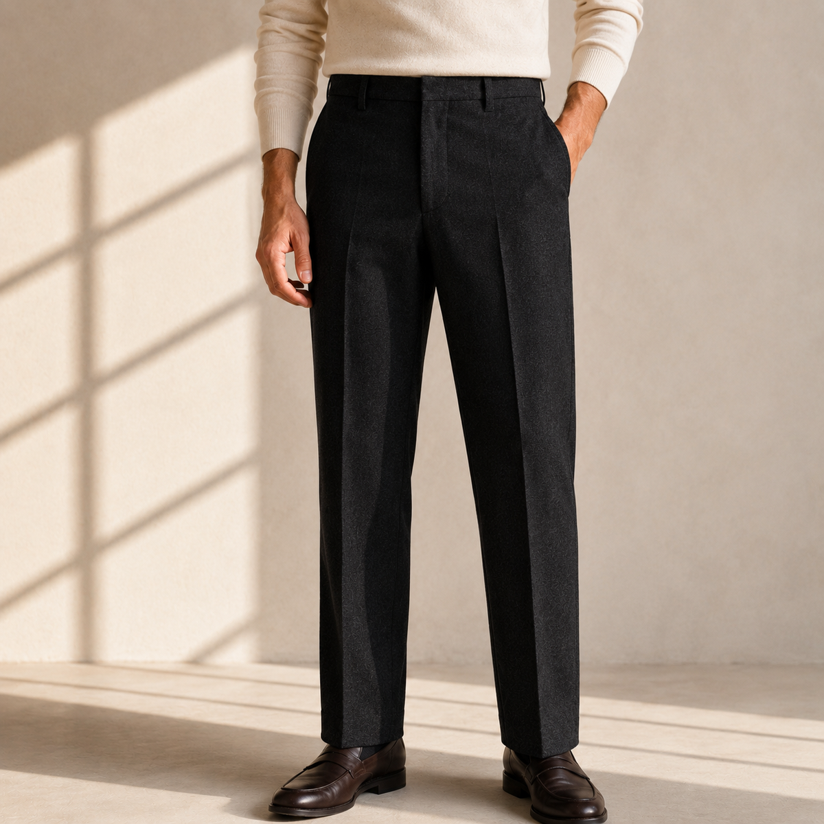 Charcoal gray slim-fit wool-blend trousers featuring subtle pleats and a tailored silhouette worn with a cream sweater.