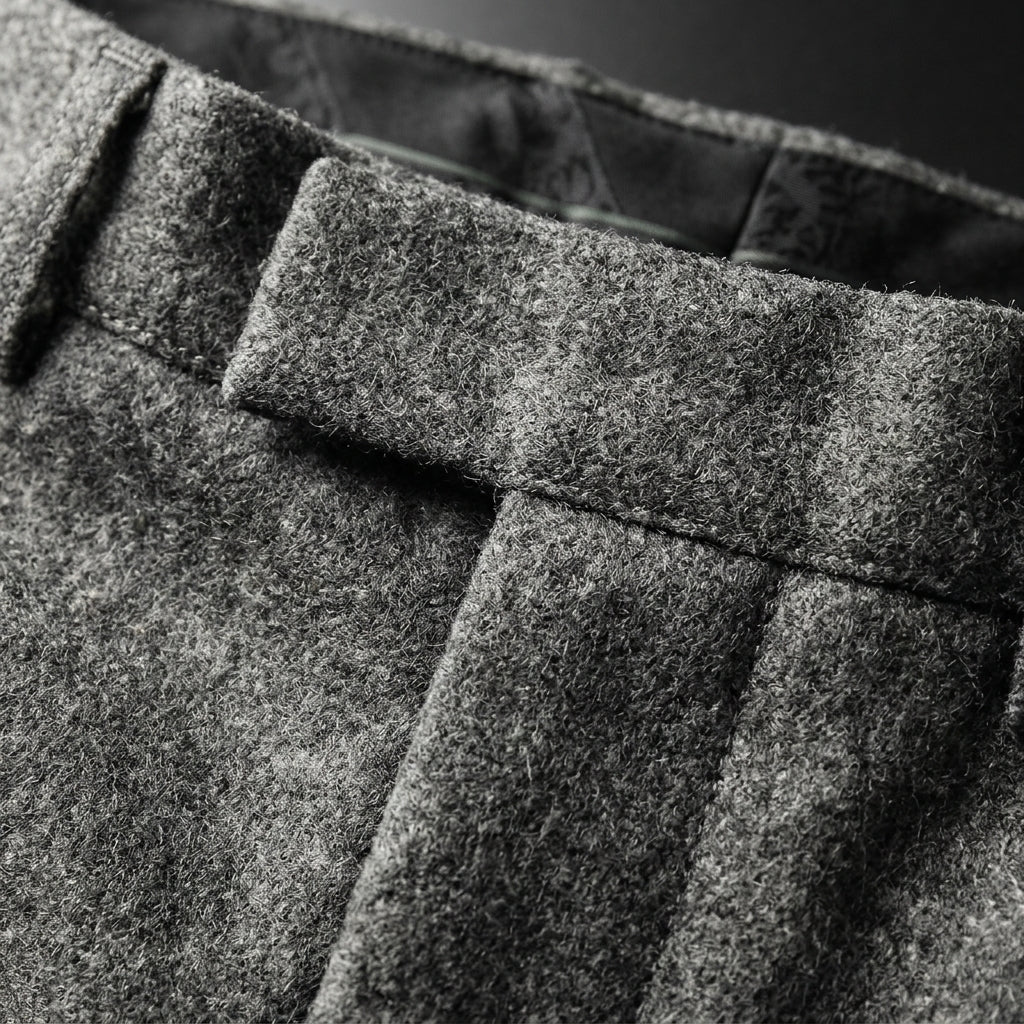 Charcoal grey wool-blend trousers featuring a slim tailored fit, subtle front pleats, and a refined textured finish.