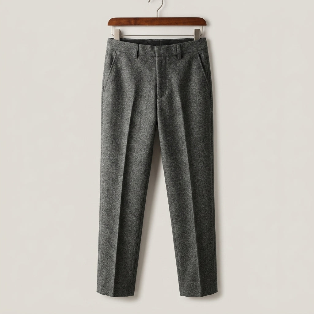 Slim-fit gray wool-blend trousers featuring a tailored silhouette, subtle leg pleats, and a refined textured finish.