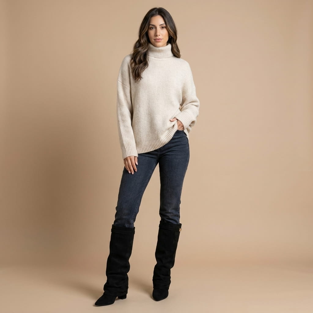Black slouchy fold-over boots worn by a female model with jeans