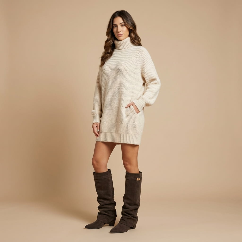 Dark brown slouchy fold-over boots worn by a female model with a cream dress