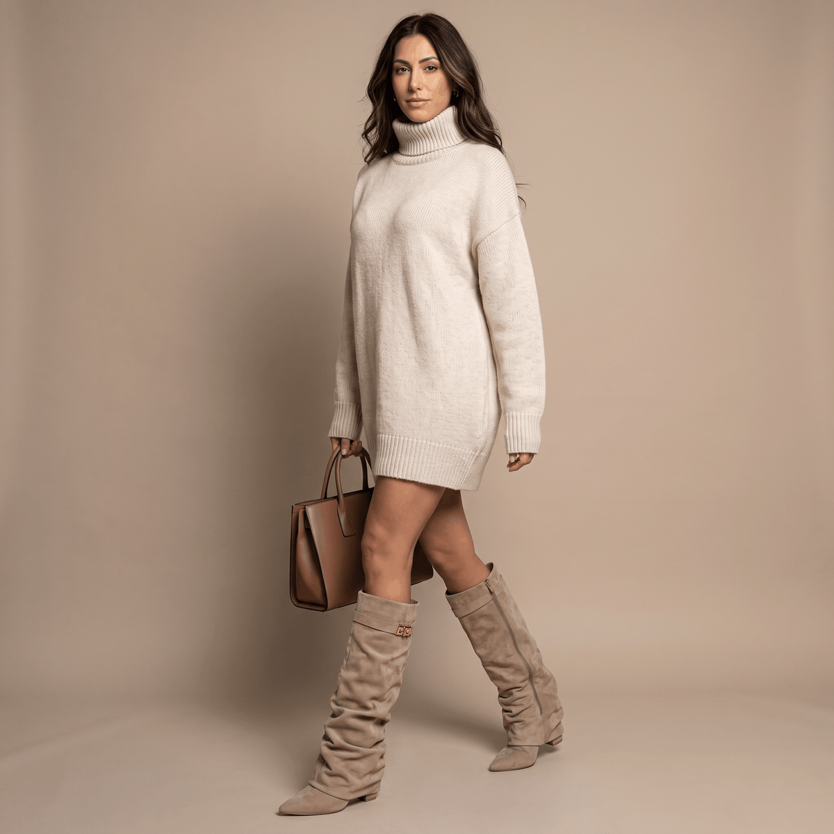 Beige slouchy fold-over boots worn by a female model with a cream outfit