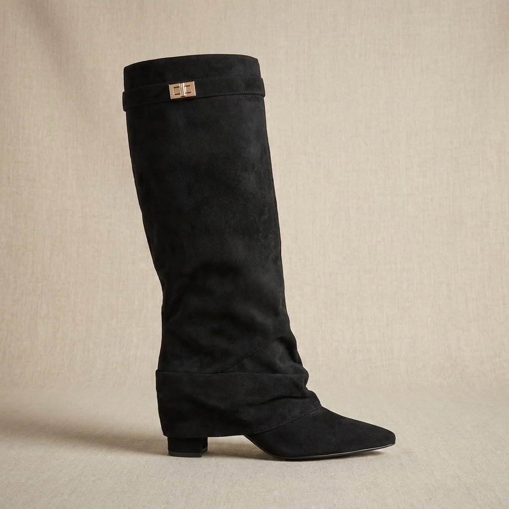 Black fold-over knee-high boots shown from the front with pointed toes and low heels