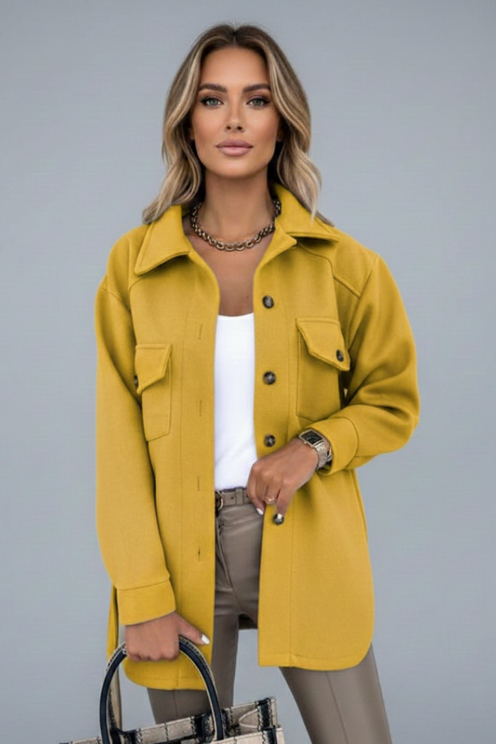 Solene Wool Blend Shacket – Elongated Collar Button-Up Overcoat