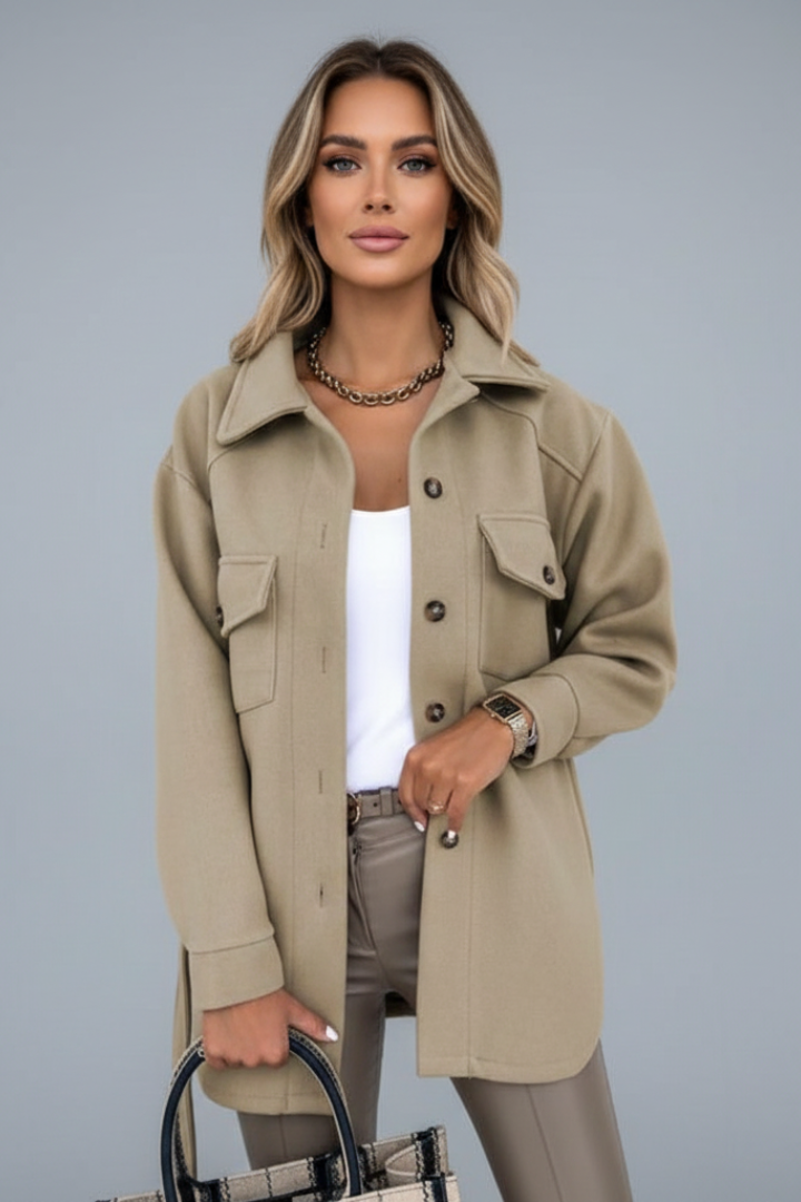 Solene Wool Blend Shacket – Elongated Collar Button-Up Overcoat