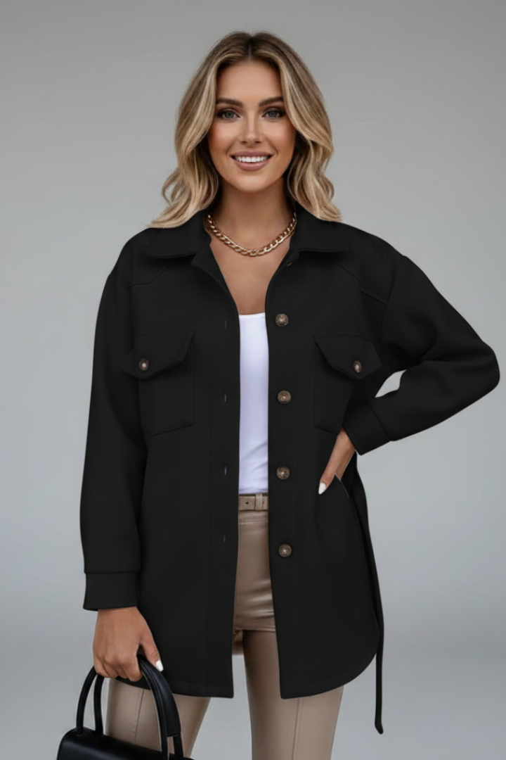 Solene Wool Blend Shacket – Elongated Collar Button-Up Overcoat