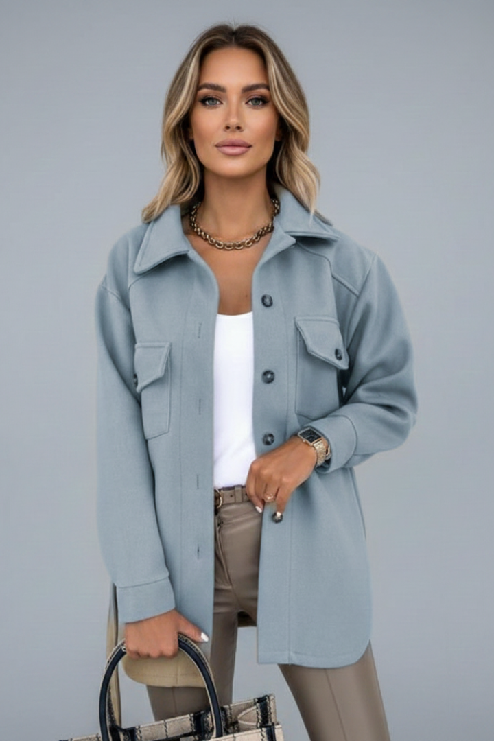 Solene Wool Blend Shacket – Elongated Collar Button-Up Overcoat