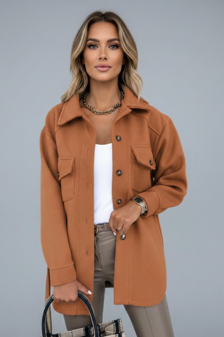Solene Wool Blend Shacket – Elongated Collar Button-Up Overcoat