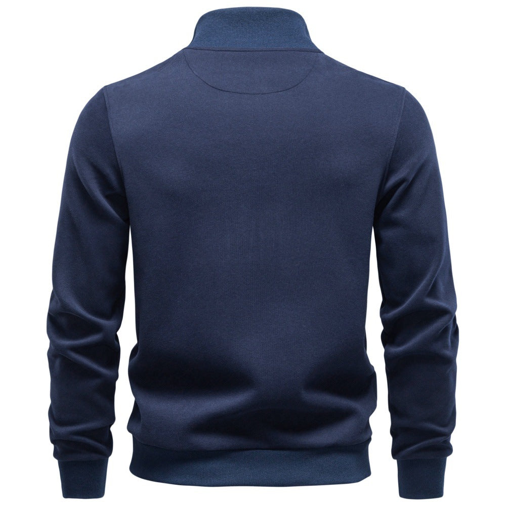 Navy quarter-zip sweatshirt product shown from the back