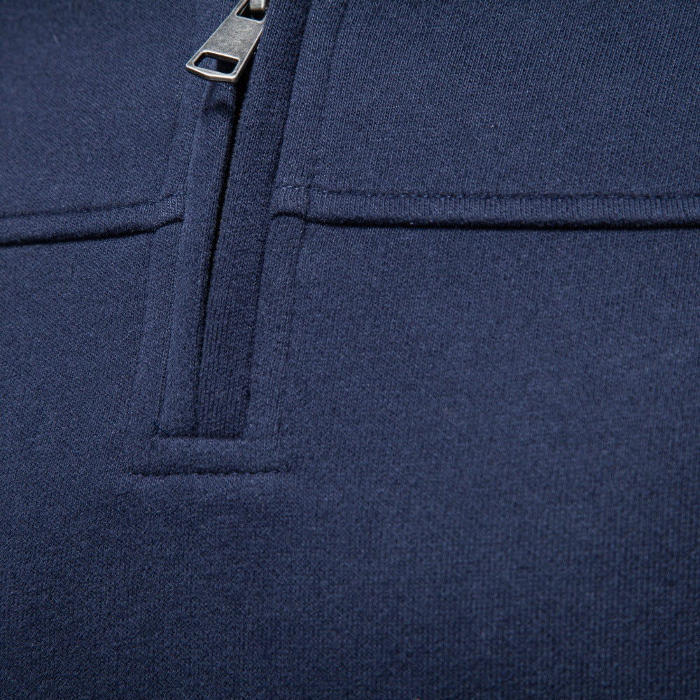 Close-up of navy sweatshirt showing quarter-zip and stand collar