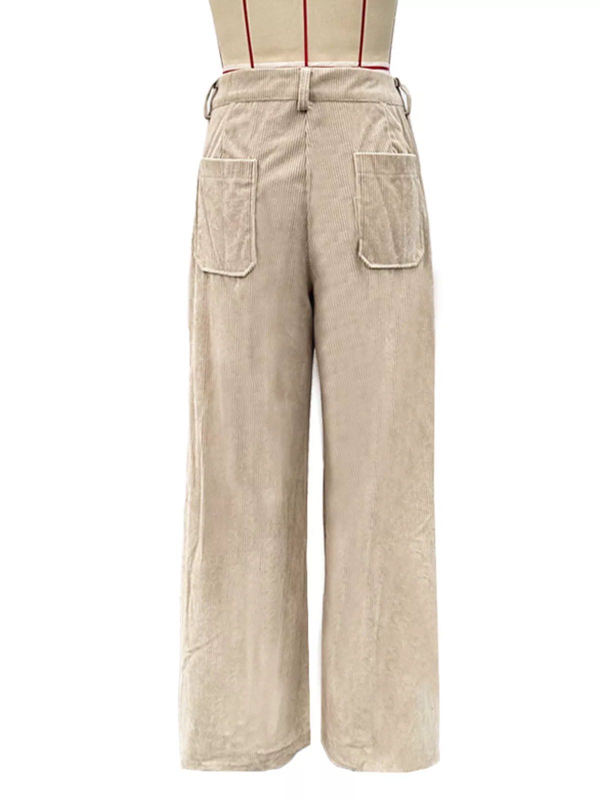 Beige stretch corduroy wide-leg pants featuring front patch pockets, belt loops, and a clean, straight-leg silhouette.