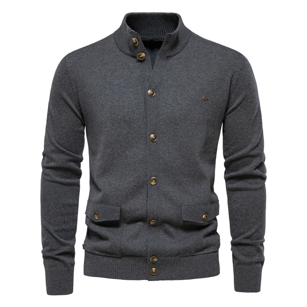 Charcoal grey stretch cotton cardigan with a stand collar, button front, and two utility flap pockets.