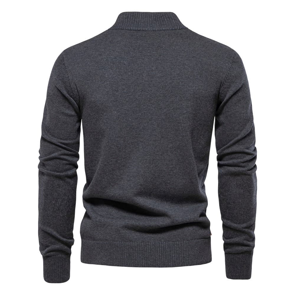 Charcoal grey stretch cotton cardigan featuring a stand collar, ribbed cuffs, and a structured regular fit.