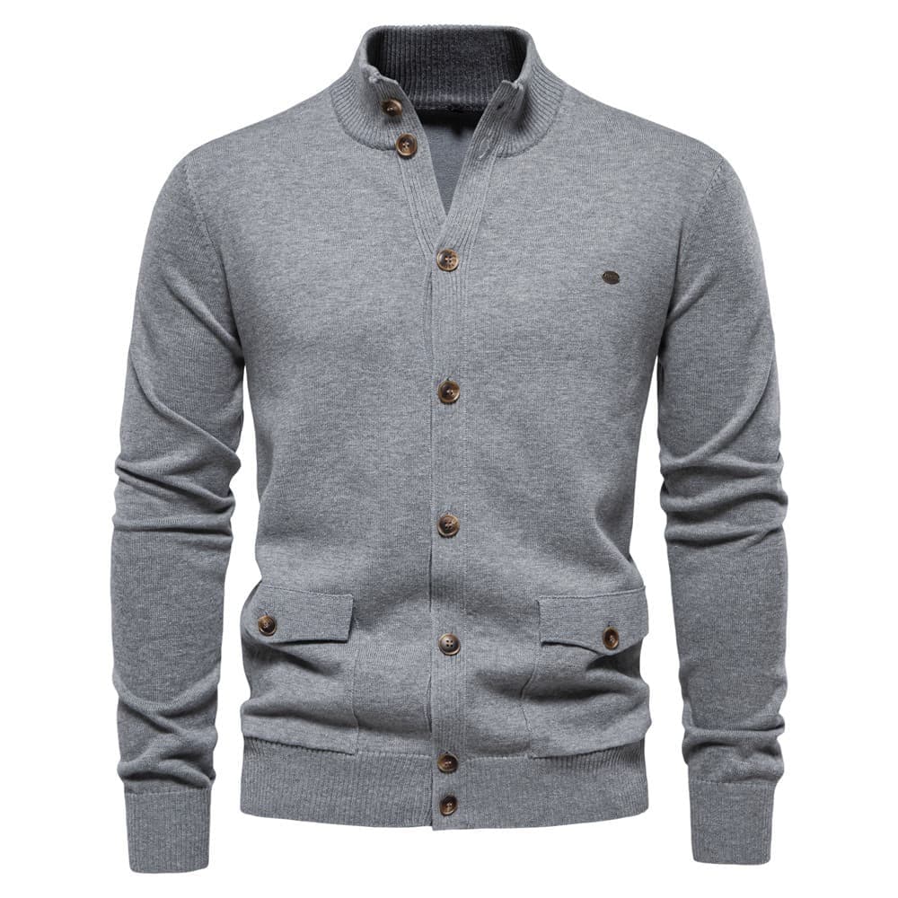 Grey stretch cotton cardigan with a stand collar, button front, and two buttoned flap pockets in a structured regular fit.