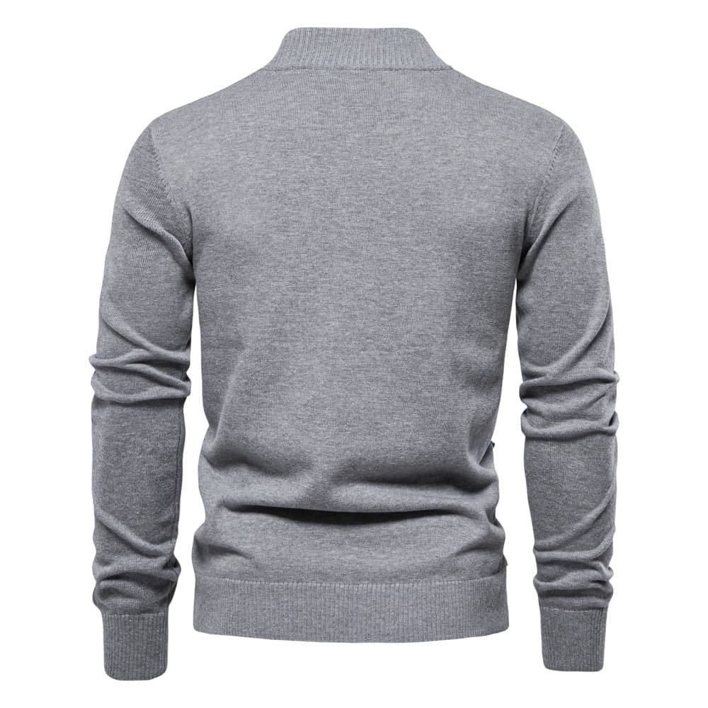 Back view of a grey stretch cotton knit cardigan featuring a stand collar, long sleeves, and a ribbed hem.