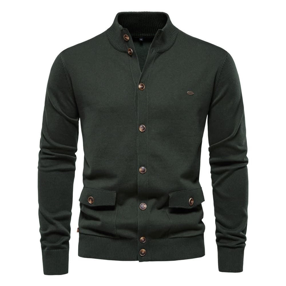 Dark green stretch cotton cardigan with a stand collar, button front, and two utility flap pockets in a regular fit.
